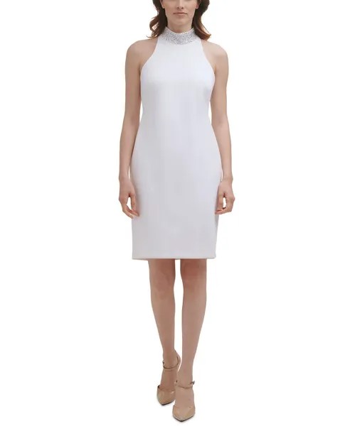 Коктейльное/вечернее платье-футляр Calvin Klein NWT WHITE с декорированным вырезом, размер 4,6, 14