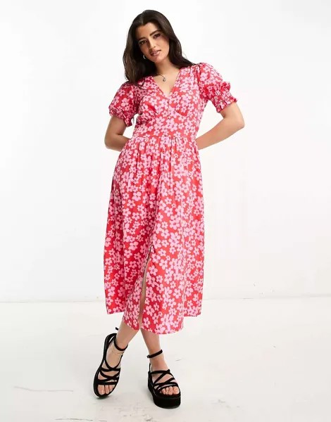 Платье миди на пуговицах спереди Influence с розово-красным цветочным принтом