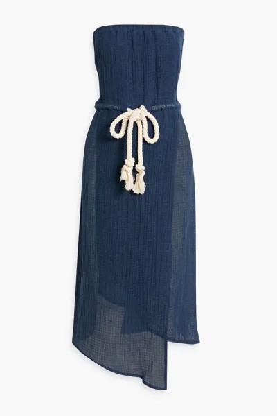 Платье миди из смесового льна и газа без бретелек Victor с запахом Lisa Marie Fernandez, темно-синий
