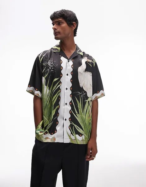 Черная атласная рубашка с короткими рукавами и принтом цапли Topman