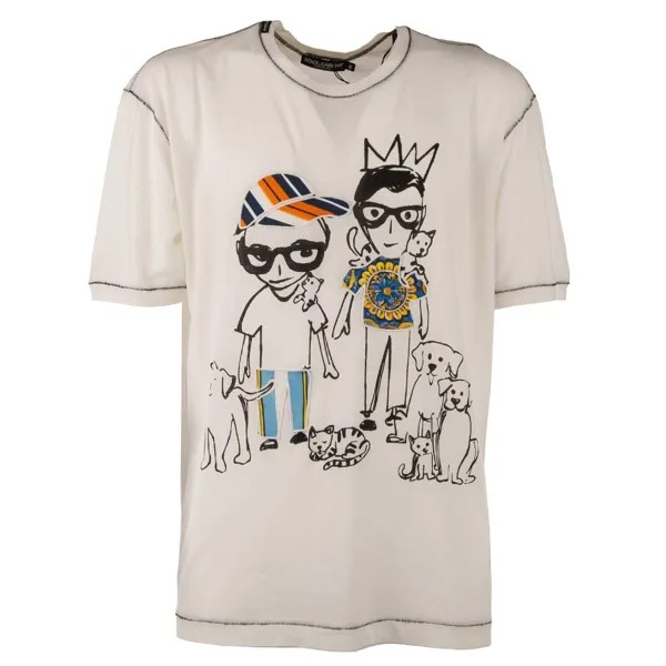 DOLCE - GABBANA Хлопковая футболка с принтом и шелковыми нашивками из майолики, белая 11074