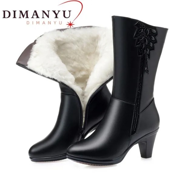 Женские ботинки из натуральной кожи DIMANYU, зимние ботинки средней длины на высоком каблуке, теплая обувь из натуральной шерсти с кисточками
