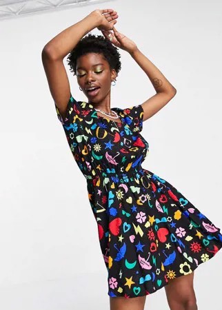 Разноцветное платье мини со сплошным принтом символов Love Moschino-Черный цвет