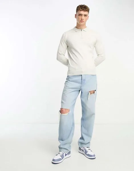 Серебристо-серая хлопковая трикотажная футболка-поло с длинными рукавами и молнией 1/4 из потертого материала