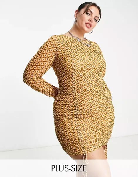 Коричневое платье мини со сборками и геометрическим узором Urban Threads Plus