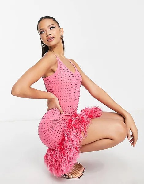 Розовое платье-комбинация с искусственными перьями Miss Selfridge Hotfix