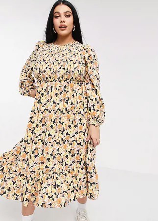 Платье мидакси с присборенным лифом, ярусной юбкой и цветочным принтом Fashion Union Plus-Многоцветный