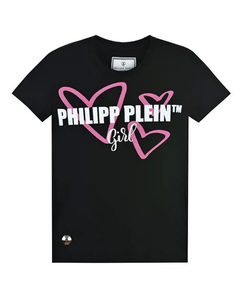 Черная футболка с логотипом и сердцами Philipp Plein детская