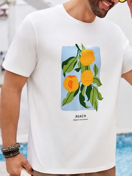 SHEIN Мужская летняя футболка, узор в виде фруктов и букв, круглый вырез, короткий рукав, белый цвет