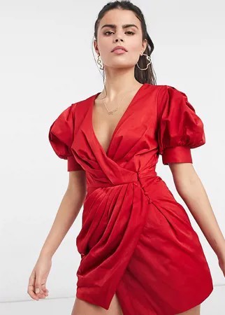 Структурированное драпированное платье мини с запахом и пышными рукавами ASOS DESIGN Petite-Красный
