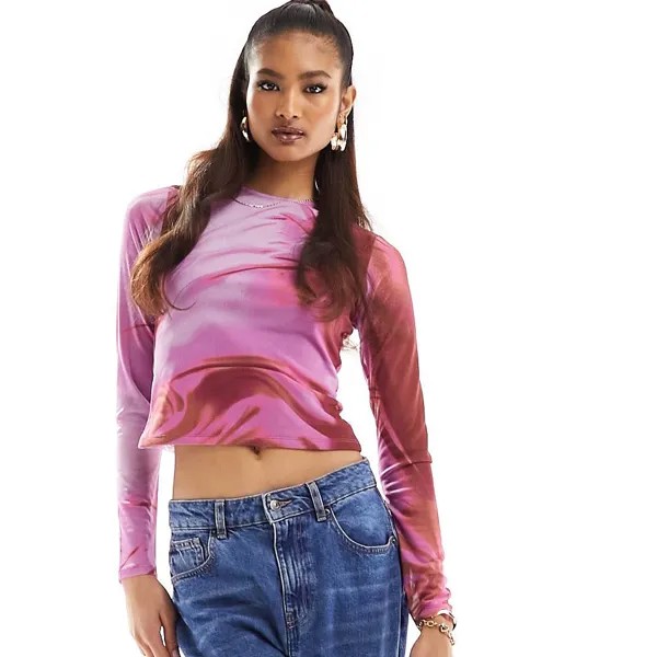 Лонгслив Asos Design Printed Mesh Base Layer, розовый