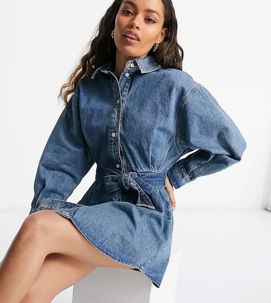 Синее выбеленное платье-рубашка в стиле oversized с поясом ASOS DESIGN Petite-Синий