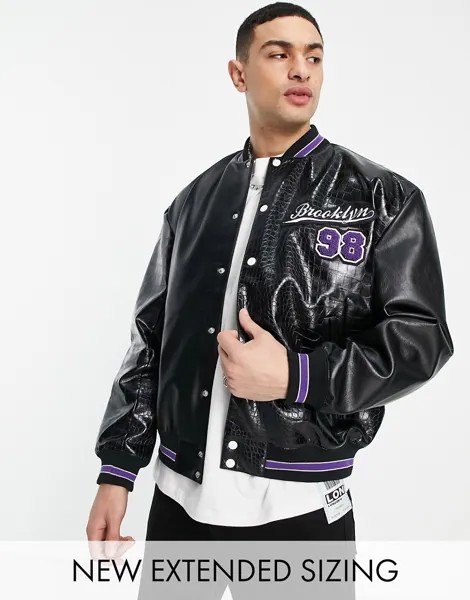 Oversized-куртка черного цвета в университетском стиле с эффектом крокодиловой кожи ASOS DESIGN-Черный цвет