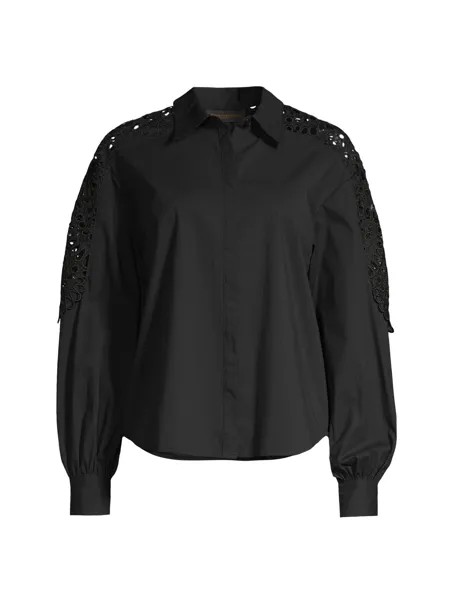 Поплиновая блузка с кружевными рукавами Donna Karan New York, черный