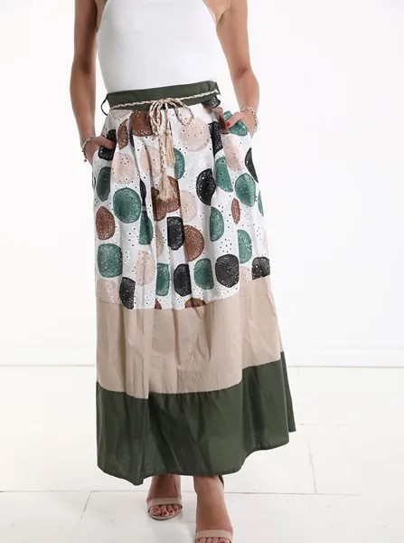 Длинная хлопковая юбка в горошек с карманами и воланами из английской вышивки на резинке со шнурком, зеленый