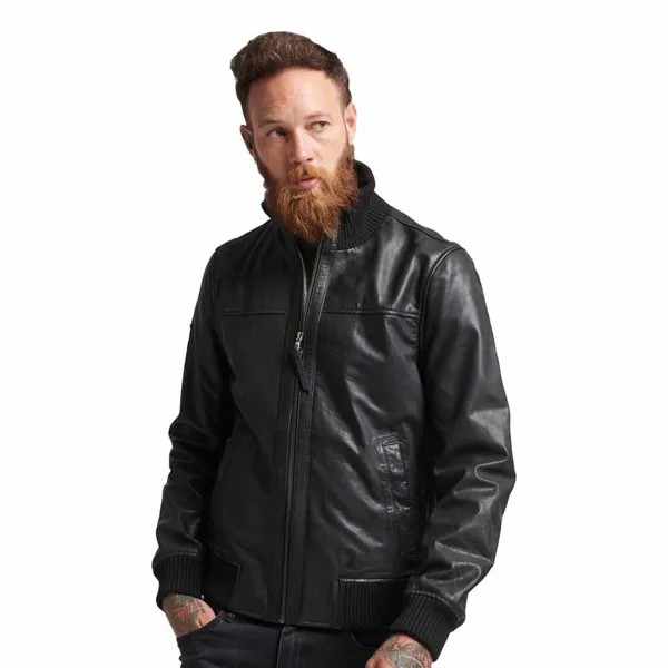 Куртка Superdry Studios Knit Collar Leather Bomber, черный