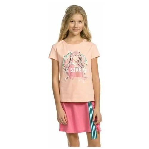 Комплект из футболки и юбки для девочки, рост 128 см, цвет персиковый