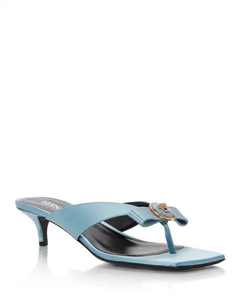 Женские босоножки без шнуровки на среднем каблуке с украшением Versace, цвет Blue