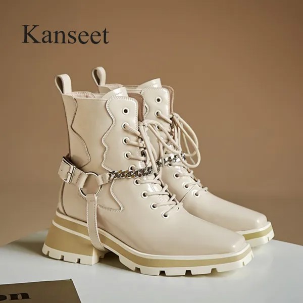 Женские ботильоны Kanseet с квадратным носком и перекрестной шнуровкой, новинка зимы 2021, декоративные цепочки, коровья кожа, короткие женские б...