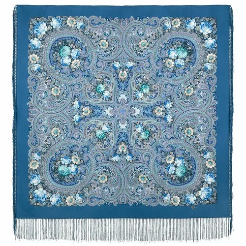 Платок Павловопосадская платочная мануфактура,110х110 см, синий, бирюзовый