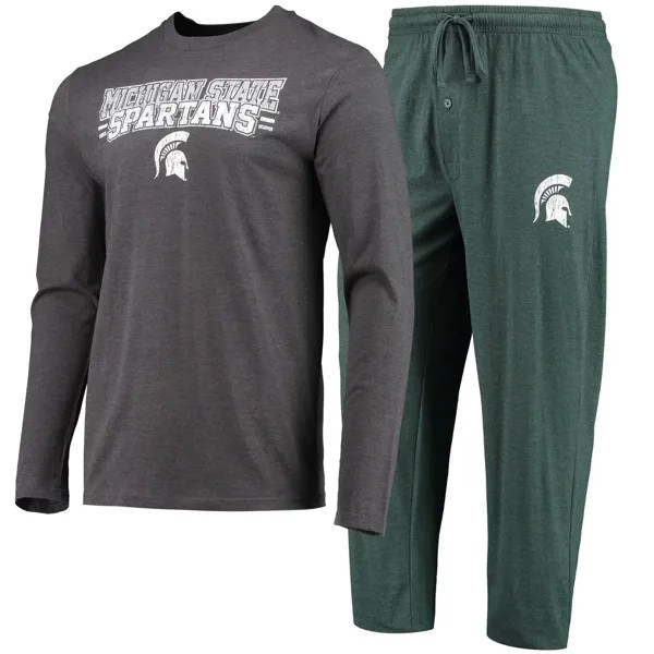Мужская футболка Concepts Sport Green/Heared Charcoal Michigan State Spartans Meter, футболка с длинными рукавами и брюки, комплект для сна