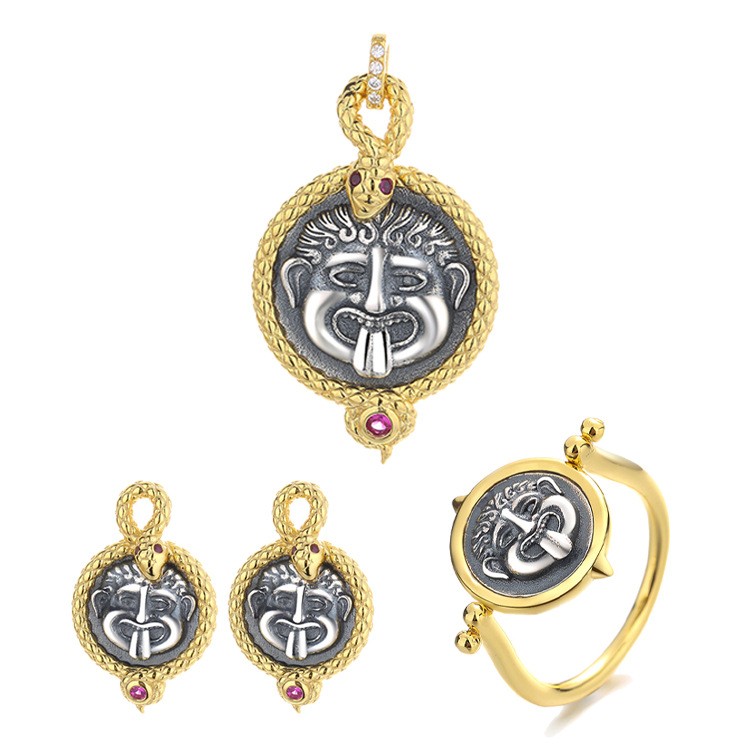 MDS NZFSILVER S925 Серебряная Мода Медуза ретро золотая старинная монета набор сережек Кольца Подвески без цепочки женские свадебные ювелирные изд...
