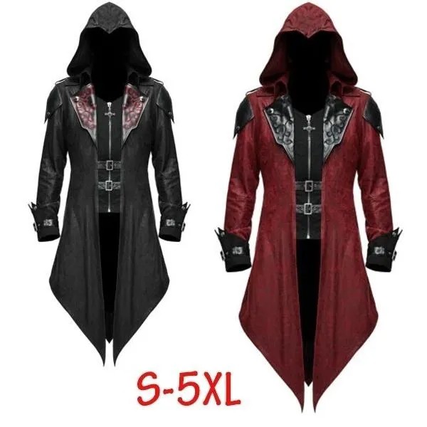 S-5XL Мужчины Новая мода Дьявол Мода Мужской Готический стиль Куртка с капюшоном Пальто Красный Черный Дизель Панк Assassin Creed Косплей Костюм Кардиганы Пальто для мужчин