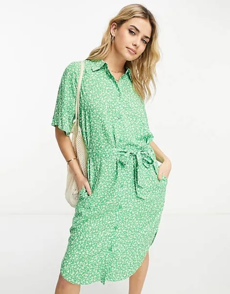 Зеленое платье-рубашка миди Monki с завязкой на талии