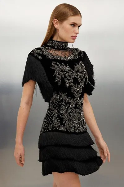 Бархатное тканое мини-платье с бахромой в стиле барокко Karen Millen, черный