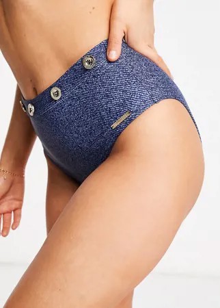 Плавки-бикини в джинсовом стиле с завышенной талией и золотистыми пуговицами Juicy Couture Juicy Couture Boardwalk Sass-Голубой