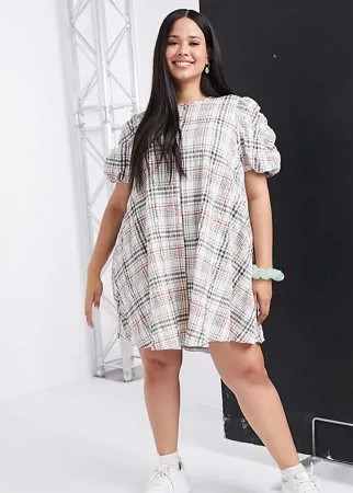 Свободное платье А-силуэта в клетку с пышными рукавами ASOS DESIGN Curve-Многоцветный