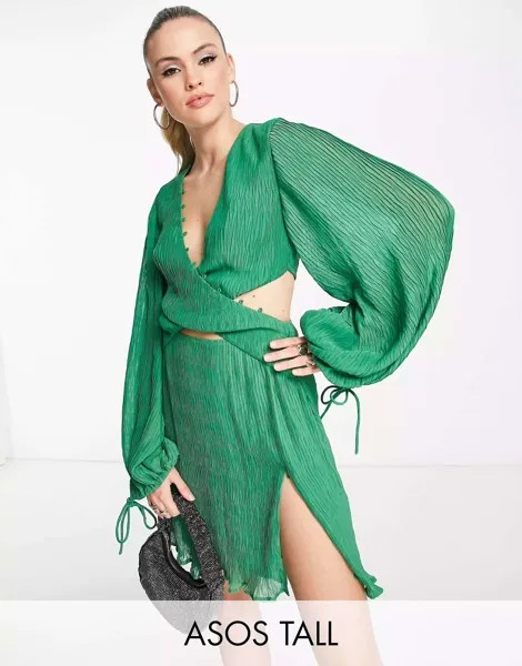 Ярко-зеленое плиссированное мини-платье-рубашка с запахом на талии ASOS DESIGN Tall