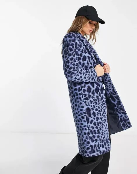Синее университетское пальто из смесовой шерсти Helene Berman с животным принтом