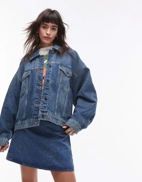 Topshop – зеленая джинсовая куртка с объемными рукавами