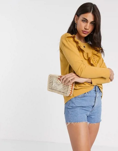 Желтый лонгслив с вышивкой ришелье на оборке River Island