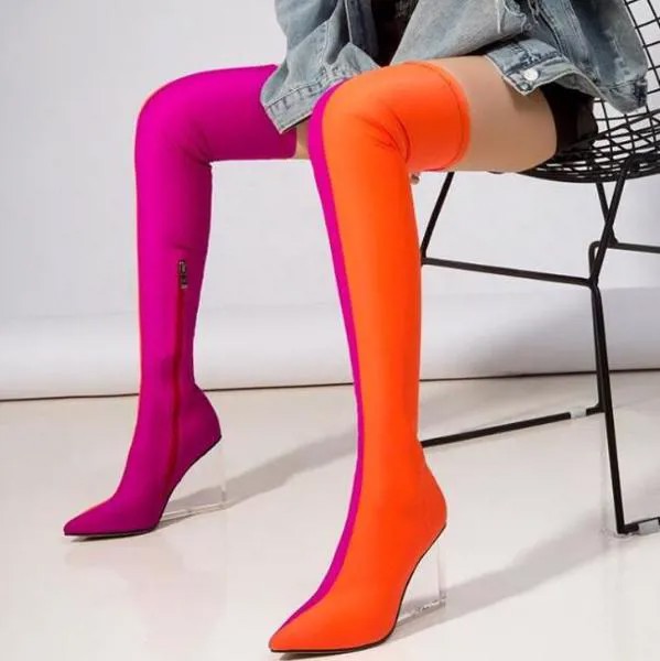 Женские Эластичные ботфорты, 2 цвета, розовые, синие, красные, оранжевые, лоскутные, с острым носком, на молнии, на прозрачной танкетке
