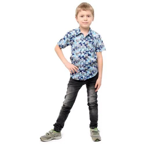 Школьная рубашка TREND, прямой силуэт, на кнопках, короткий рукав, карманы, трикотажная, размер 110-60(30), голубой, серый