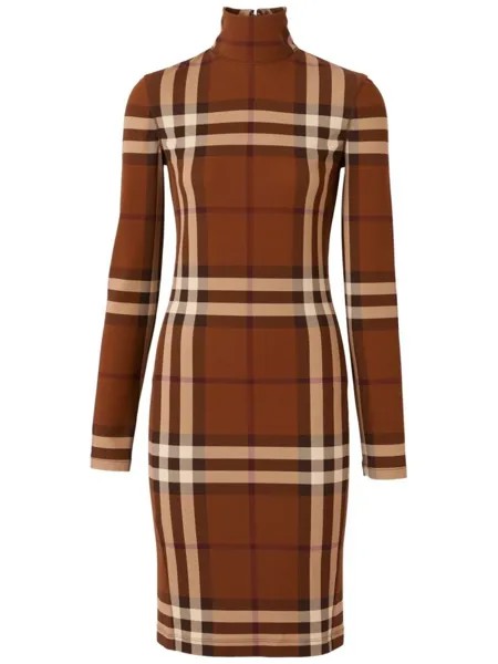Burberry клетчатое платье с воротником-воронкой, коричневый