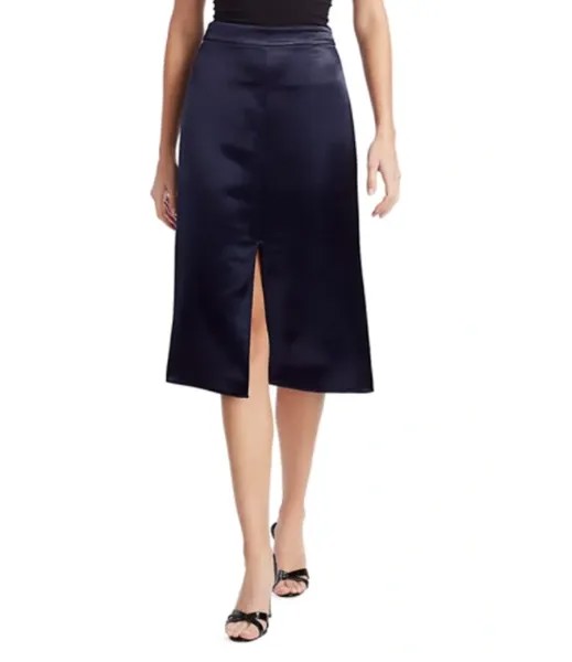 НОВАЯ темно-синяя роскошная итальянская атласная юбка-карандаш миди с разрезом спереди и сзади 6