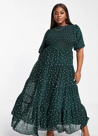 Присборенное ярусное платье макси зеленого цвета в горошек ASOS DESIGN Curve-Разноцветный
