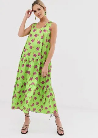 Зеленое платье миди А-силуэта с цветочным принтом Liquorish-Зеленый