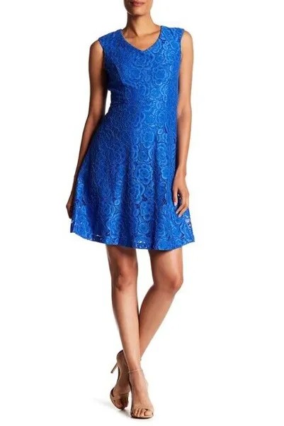 Ellen Tracy NWT Modern COBALT BLUE Кружевное платье с треугольным вырезом, приталенное и расклешенное, размеры 6,8,10,16