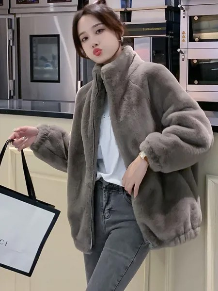 Grey Rex Rabbit fur coat women's short winter 2022 new thickened lamb fur coat women's winter simple