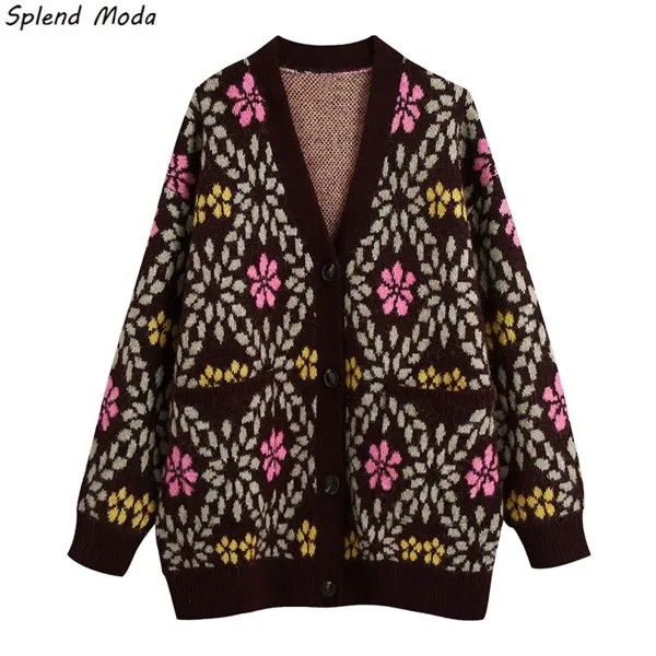 Модный жаккардовый кардиган Splend с цветочным принтом и длинным рукавом, женский осенне-зимний винтажный Японский вязаный свободный свитер, ...