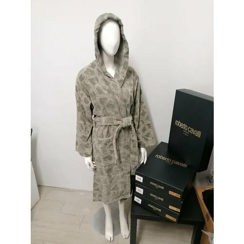 Халат Roberto Cavalli, длинный рукав, банный халат, пояс/ремень, капюшон, размер M, хаки