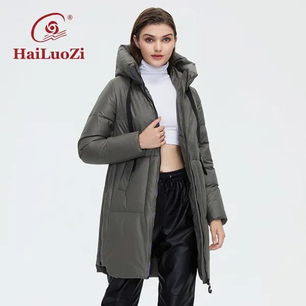 Женская зимняя куртка HaiLuoZi, длинное плотное модное женское пальто с боковой молнией, с высоким воротником и капюшоном, уникальный дизайн, био-хлопок, парка 6028