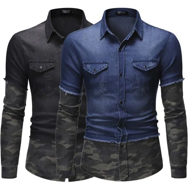 Мужская джинсовая рубашка LUCLESAM, камуфляжная рубашка в стиле пэчворк с имитацией двух частей и отложным воротником, Новая Модная приталенна...