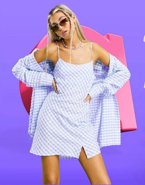 Сарафан-комбинация мини в голубую клетку ASOS DESIGN-Многоцветный