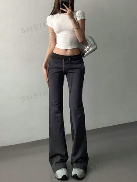 Спортивные брюки EZwear, однотонные, с кулиской на талии Shein, темно-серый