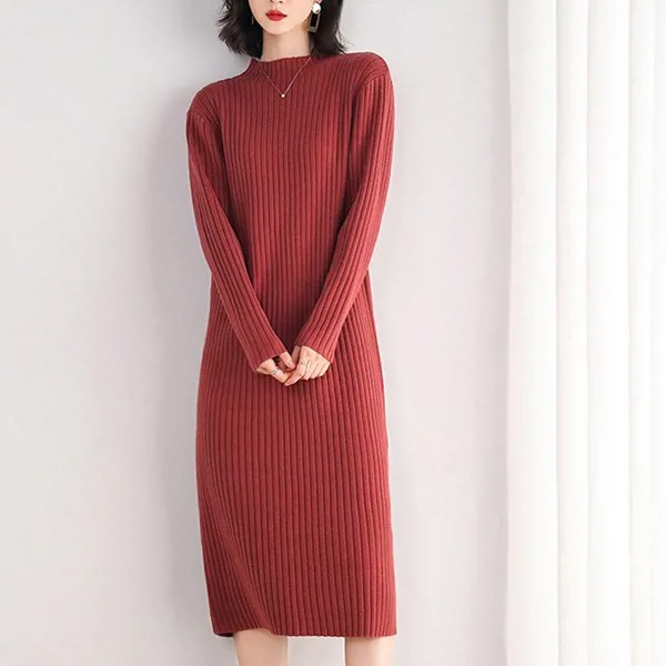 Женское платье-свитер до колена, однотонный плотный пуловер с круглым вырезом, красного, абрикосового и черного цветов, на осень и зиму